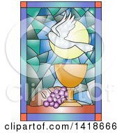 Poster, Art Print Of Stained Glass Dove Chalice Bread And Grapes Communion Design