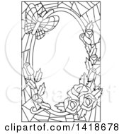 Black And White Lineart Stained Glass Border Of Roses And A Butterfly