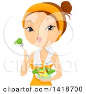 Clipart Of A Brunette Caucasian Woman Eating A Post Workout Salad Royalty Free Vector Illustration