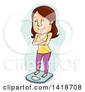 Poster, Art Print Of Cartoon Brunette White Woman Smiling And Checking Her Body Weight