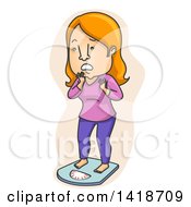Clipart Of A Cartoon White Woman Gasping And Checking Her Body Weight Royalty Free Vector Illustration