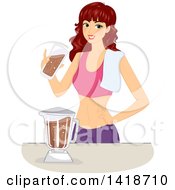 Brunette Caucasian Woman Making A Chocolate Protein Shake