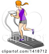 Poster, Art Print Of Sketched Red Haired Caucasian Woman Running On A Treadmill