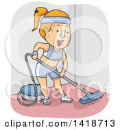 Poster, Art Print Of Cartoon Red Haired White Woman Sweating While Vacuuming