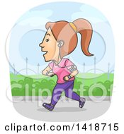 Poster, Art Print Of Cartoon Brunette White Woman Jogging And Wearing A Tracker