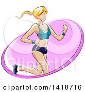 Clipart Of A Sketched Fit Blond Caucasian Woman Running In A Pink Oval Royalty Free Vector Illustration