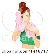 Clipart Of A Fit Brunette Caucasian Woman Toweling Off Her Face And Wearing A Fitness Tracker Royalty Free Vector Illustration