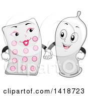 Clipart Of A Condom Hodling Hands With A Contraceptive Pills Pack Royalty Free Vector Illustration by BNP Design Studio