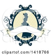 Clipart Of A Silhouetted Cameo Of A Victorian Woman In A Floral Frame With A Blank Ribbon Royalty Free Vector Illustration by BNP Design Studio