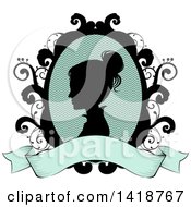 Silhouetted Victorian Woman Cameo In A Floral Frame With A Blank Ribbon Banner