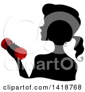 Clipart Of A Black Silhouetted Woman With Her Hair In A Pony Tail Working Out And Holding A Red Dumbbell Royalty Free Vector Illustration