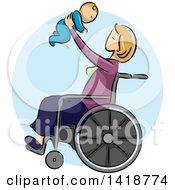Poster, Art Print Of Sketched Blond Caucasian Mother Sitting In A Wheelchair And Holding Up Her Baby