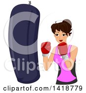 Poster, Art Print Of Brunette Caucasian Woman Boxing With A Punching Bag