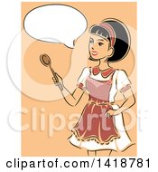 Clipart Of A Sketched Retro Housewife Wearing An Apron Talking And Holding A Spoon Royalty Free Vector Illustration