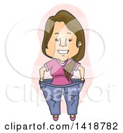 Poster, Art Print Of Cartoon Brunette White Woman Showing How Much Weight She Has Lost And Wearing Her Fat Pants