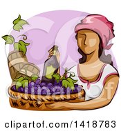 Clipart Of A Sketched Woman Carrying A Basket Of Wine And Grapes Royalty Free Vector Illustration by BNP Design Studio