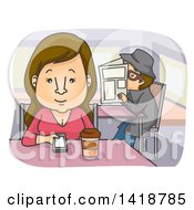 Poster, Art Print Of Cartoon Brunette Woman Drinking Coffee At A Diner And Being Stalked By A Man