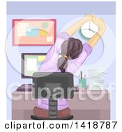Clipart Of A Rear View Of A Woman Stretching At A Computer Desk Royalty Free Vector Illustration