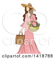 Poster, Art Print Of Sketched Brunette Caucasian Woman Carrying A Bag And Basket Of Vegetables