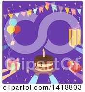 Clipart Of A Border Of Hands Holding Out Birthday Gifts And A Cake Royalty Free Vector Illustration