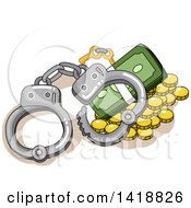 Pair Of Handcuffs Over Coins And Cash