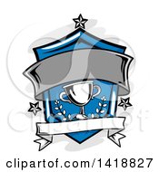 Clipart Of A Blue Sports Shield With A Trophy And Blank Banners Royalty Free Vector Illustration