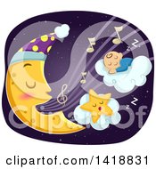 Poster, Art Print Of Crescent Moon Singing A Lullaby To A Sleeping Star And Baby