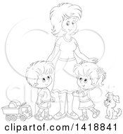 Poster, Art Print Of Cartoon Black And White Lineart Mother With Her Son And Daughter A Dog And Toys