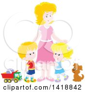 Poster, Art Print Of Cartoon White Mother With Her Son And Daughter A Dog And Toys