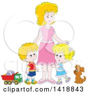 Poster, Art Print Of Cartoon Caucasian Mother With Her Son And Daughter A Dog And Toys