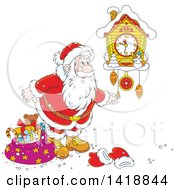 Cartoon Christmas Santa Claus Looking At A Cuckoo Clock