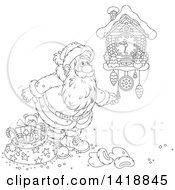 Cartoon Black And White Lineart Christmas Santa Claus Looking At A Cuckoo Clock