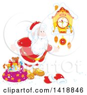 Cartoon Christmas Santa Looking At A Cuckoo Clock