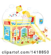 Poster, Art Print Of Cartoon Happy White Boy Stretching And Talking To A Kite On His Playhouse Bed