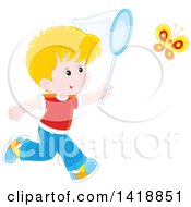 Poster, Art Print Of Cartoon Happy White Boy Chasing A Butterfly With A Net