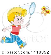 Cartoon Happy Caucasian Boy Chasing A Butterfly With A Net