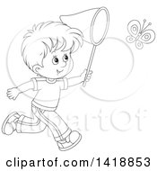 Cartoon Black And White Lineart Happy Boy Chasing A Butterfly With A Net