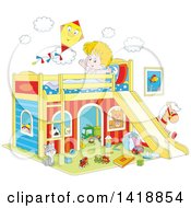 Cartoon Happy Caucasian Boy Stretching And Talking To A Kite On His Playhouse Bed