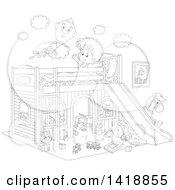 Poster, Art Print Of Cartoon Black And White Lineart Happy Boy Stretching And Talking To A Kite On His Playhouse Bed