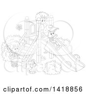 Poster, Art Print Of Cartoon Black And White Lineart Dog Watching Children Play On A Slide On A Playground