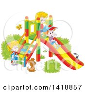 Poster, Art Print Of Cartoon Dog Watching Children Play On A Slide On A Playground