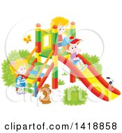 Poster, Art Print Of Cartoon Dog Watching Kids Play On A Slide On A Playground
