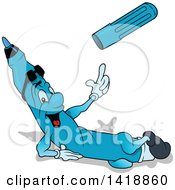 Clipart Of A Cartoon Blue Marker Character Resting On The Ground And Flipping Off His Cap Royalty Free Vector Illustration