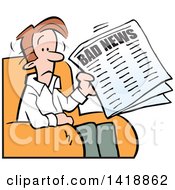 Poster, Art Print Of Cartoon Sad Brunette Caucasian Man Reading Bad News In The Paper