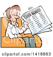 Poster, Art Print Of Cartoon Happy Brunette Caucasian Man Reading Good News In The Paper