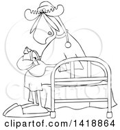 Poster, Art Print Of Cartoon Black And White Lineart Sleepy Moose Setting His Alarm Clock And Sitting On A Bed