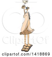 Cartoon Caveman Standing On His Tip Toes And Putting A Battery In A Smoke Detector