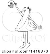 Poster, Art Print Of Cartoon Black And White Lineart Caveman Standing On His Tip Toes And Putting A Battery In A Smoke Detector