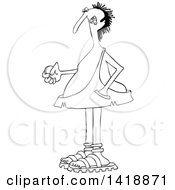 Cartoon Black And White Lineart Caveman Ready To Flip A Coin