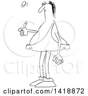 Cartoon Black And White Lineart Caveman Flipping A Coin